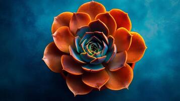 A breathtaking topdown view of a beautiful blue echeveria succulent that highlights its perfectly symmetrical leaves and vibrant hues, all displayed charmingly in a warm terracotta pot photo
