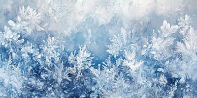 This artwork features a blend of soothing blues and bright whites, illustrating winters beauty with intricate frost patterns and snowflakes, capturing the tranquil essence of the serene season photo