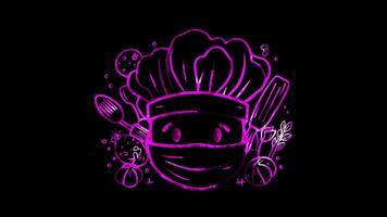 Neon frame effect, Super Chef mask with cooking utensils on black background video