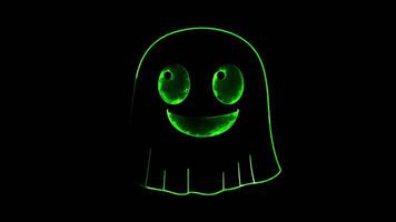 Neon- Rahmen Wirkung, freundlich Geist heiter Geist mit breit Augen und ein spielerisch Grinsen auf schwarz Hintergrund video