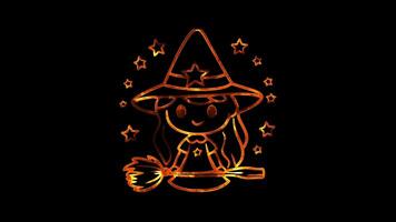 Neon frame effect, Cute Witch witch with a pointy hat, stars around her, and a broomstick on black background video