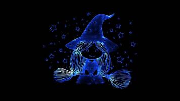 Neon frame effect, Cute Witch witch with a pointy hat, stars around her, and a broomstick on black background video