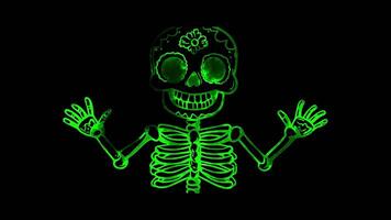 Neon frame effect, Skeleton smiling skeleton with bones on black background video