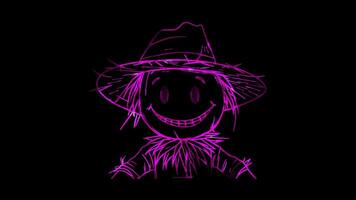 Neon frame effect, Charming Scarecrow scarecrow with a straw hat and a big smile on black background video