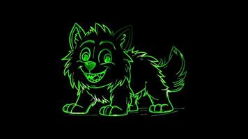 Neon frame effect, Werewolf werewolf with a silly grin and fluffy fur on black background video