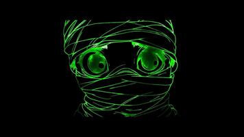 Neon frame effect, Cute Mummy mummy wrapped in bandages with big eyes peeking out on black background video