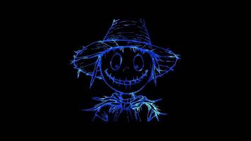 Neon frame effect, Charming Scarecrow scarecrow with a straw hat and a big smile on black background video