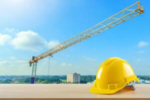 Yellow safety construction helmet on wood table with construction site background photo