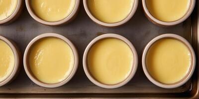 Vanilla custard in ramekins on a baking sheet with water photo