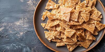 Toffee bark broken into irregular shapes on platter photo