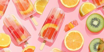 Tropical fruit chunks suspended in clear ice pops on display photo