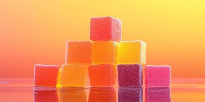 Pyramid stack of cube-shaped gummy candies on a reflective surface photo
