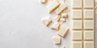 White chocolate pieces placed vertically on the right side, showcasing unique shapes and textures photo