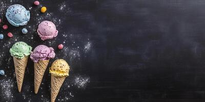 Unique flavor combinations written on chalkboard menu at scoop shop photo