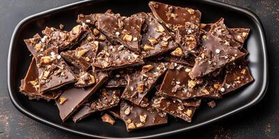 Toffee bark broken into irregular shapes on platter photo