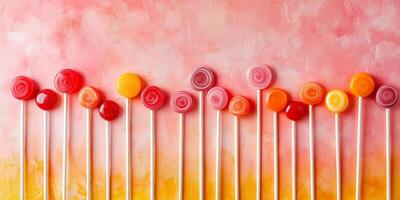 Rows of lollipops in graduated sizes aligned across the bottom photo