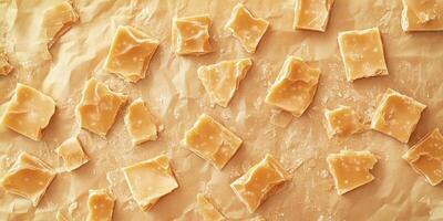 Pieces of toffee on parchment paper with cracks on surface photo