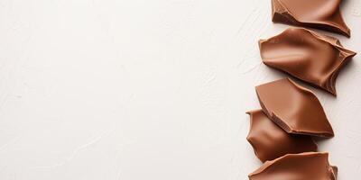 Milk chocolate pieces placed vertically on the right, showing shapes and textures photo