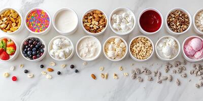 Toppings bar for frozen yogurt with nuts, sprinkles, and sauces in containers photo