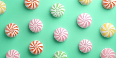 Wheel-shaped candy pieces arranged in overlapping rows on surface photo