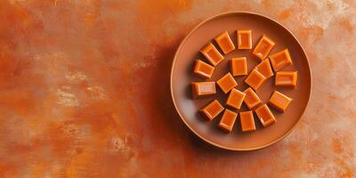 Overhead view of caramel chews forming a sunburst design on plate photo