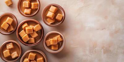 Soft caramel candies placed in decorative bowls of different shapes photo