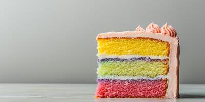 Slice of layer cake at bottom right revealing colorful layers inside photo