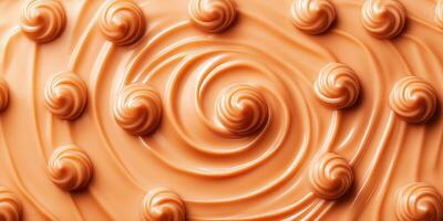 Overhead view of soft caramel candies creating a swirl pattern on surface photo