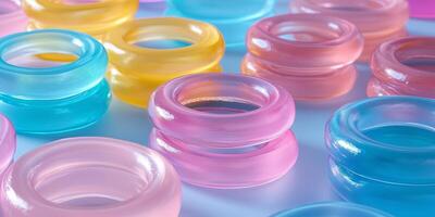 Translucent confectionery pieces shaped like rings stacked in rows on a plain surface photo