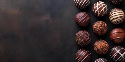 Several ganache-based truffles placed vertically along the right side, creating a visual line towards the center photo