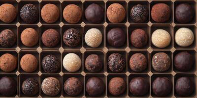 Truffles arranged in rows inside a cardboard box with dividers photo