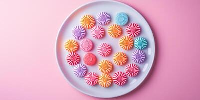 Overhead view of wheel candies creating a mandala pattern on plate photo