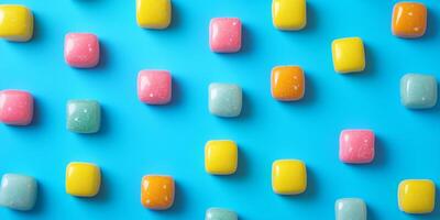 Small bite-sized candy pieces arranged in a grid pattern on surface photo