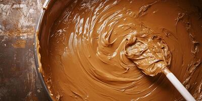 Peanut butter being stirred in large vat with paddle photo