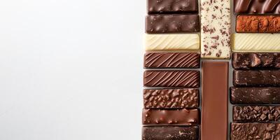 Several chocolate bars placed vertically on the right, showcasing unique shapes and textures photo