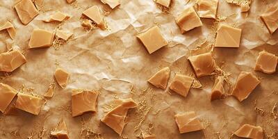 Pieces of toffee on parchment paper with cracks on surface photo