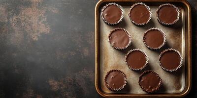 Peanut butter cups in paper liners on a baking sheet photo