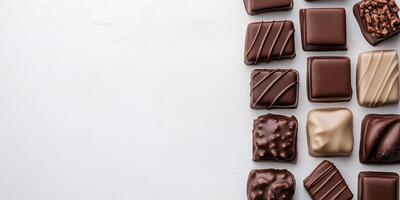 Milk chocolate pieces placed vertically on the right, showing shapes and textures photo