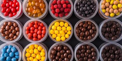 Assortment of cola bottle candies organized by size in clear containers photo