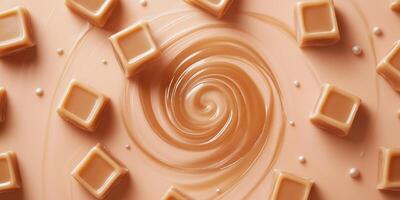 Overhead view of soft caramel candies creating a swirl pattern on surface photo