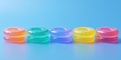 Translucent confectionery pieces shaped like rings stacked in rows on a plain surface photo