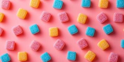 Small bite-sized candy pieces arranged in a grid pattern on surface photo