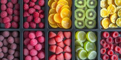 Assorted fruit slice candies organized by shape in separate compartments photo