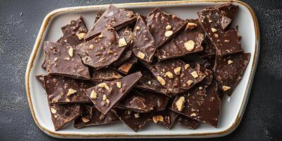 Toffee bark broken into irregular shapes on platter photo