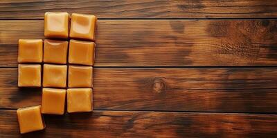 Square caramel candies stacked in a crisscross pattern on wooden surface photo