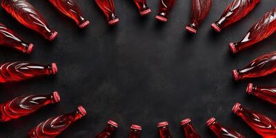 Cola bottle confections arranged in a swirl pattern on dark background photo
