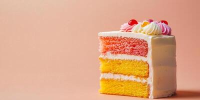 Slice of layer cake at bottom right revealing colorful layers inside photo
