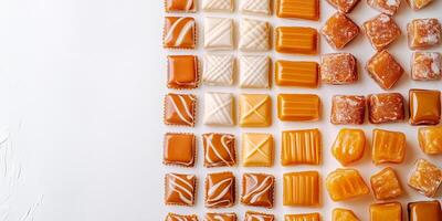 Assortment of caramel chew sweets organized by wrapper design photo