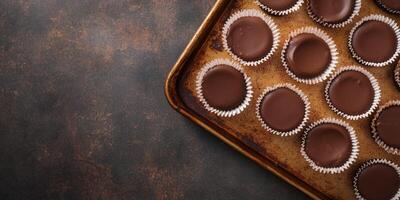 Peanut butter cups in paper liners on a baking sheet photo