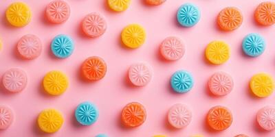 Wheel-shaped candy pieces arranged in overlapping rows on surface photo